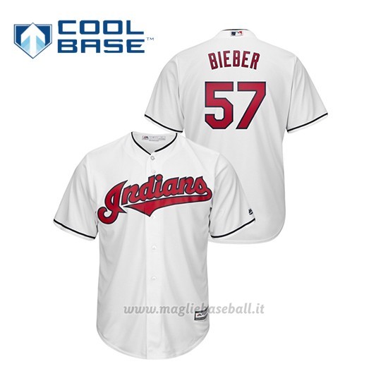 Maglia Baseball Uomo Cleveland Indians 57 Shane Bieber Cool Base Bianco